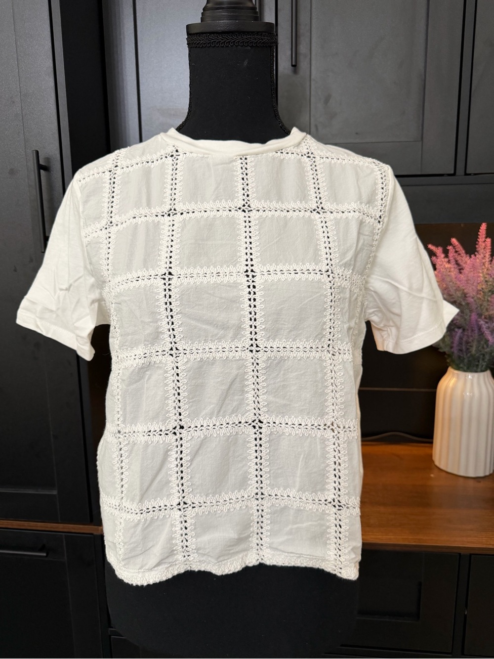 Mango White Crochet Grid Short-Sleeve Top